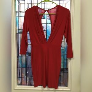 Red bodycon dress with plunging neckline and back